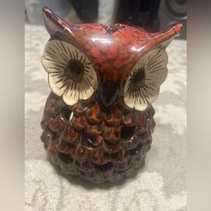 Ceramic Owl Figurine in Red and Brown Candle Holder
